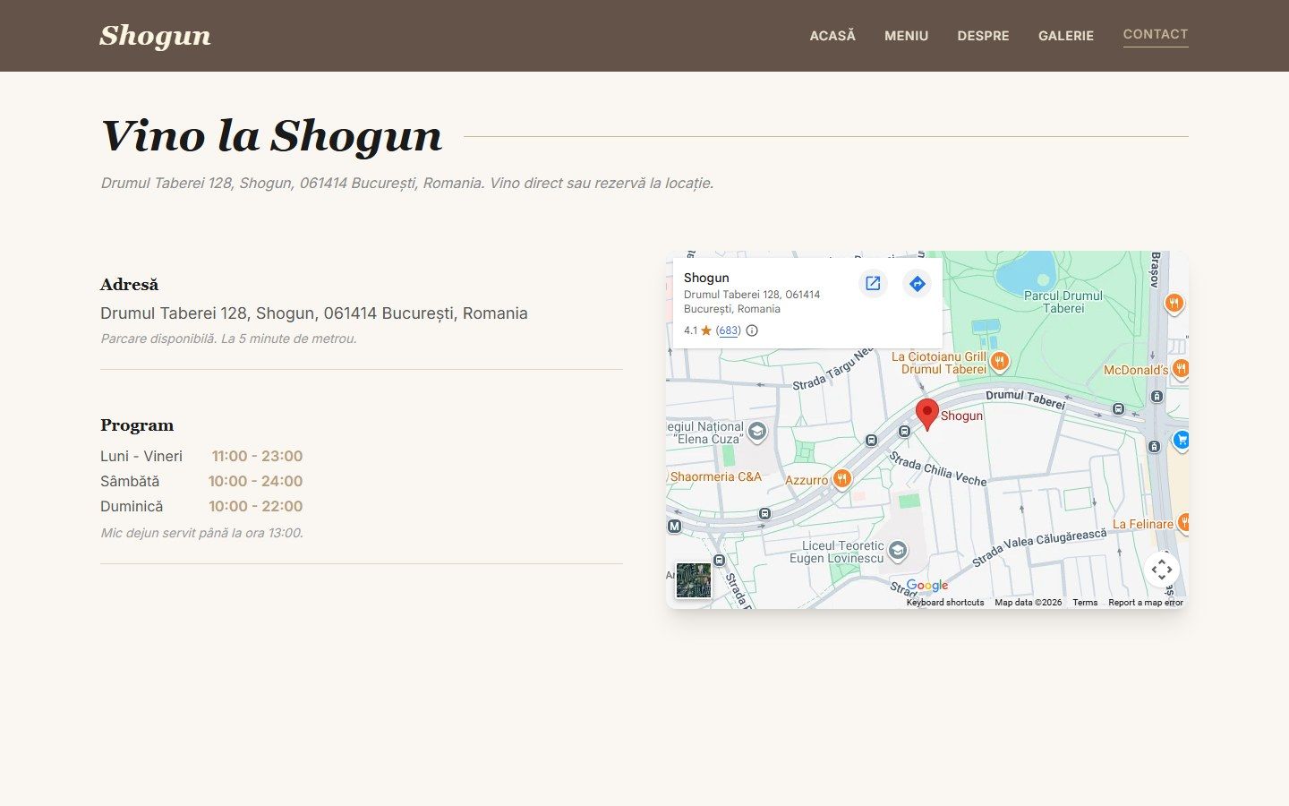 Pagina Contact a site-ului Shogun, cu adresa, programul pe zile și harta Google