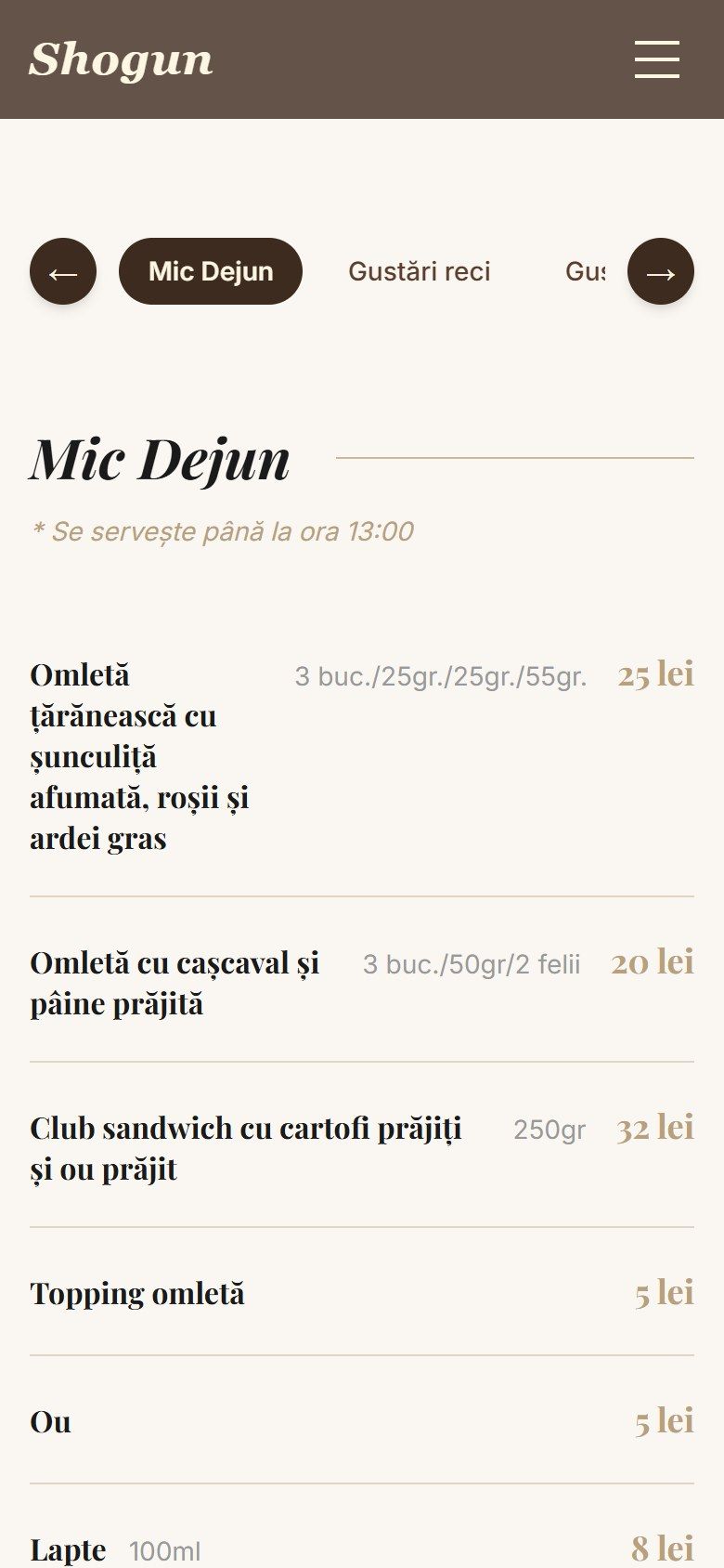 Meniul site-ului Shogun pe telefon, cu navigare pe categorii