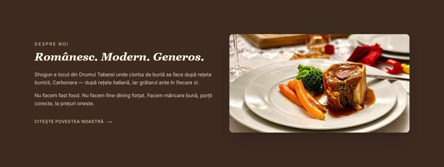 Secțiunea Românesc. Modern. Generos. de pe pagina principală Shogun, cu text despre restaurant și fotografie de preparat